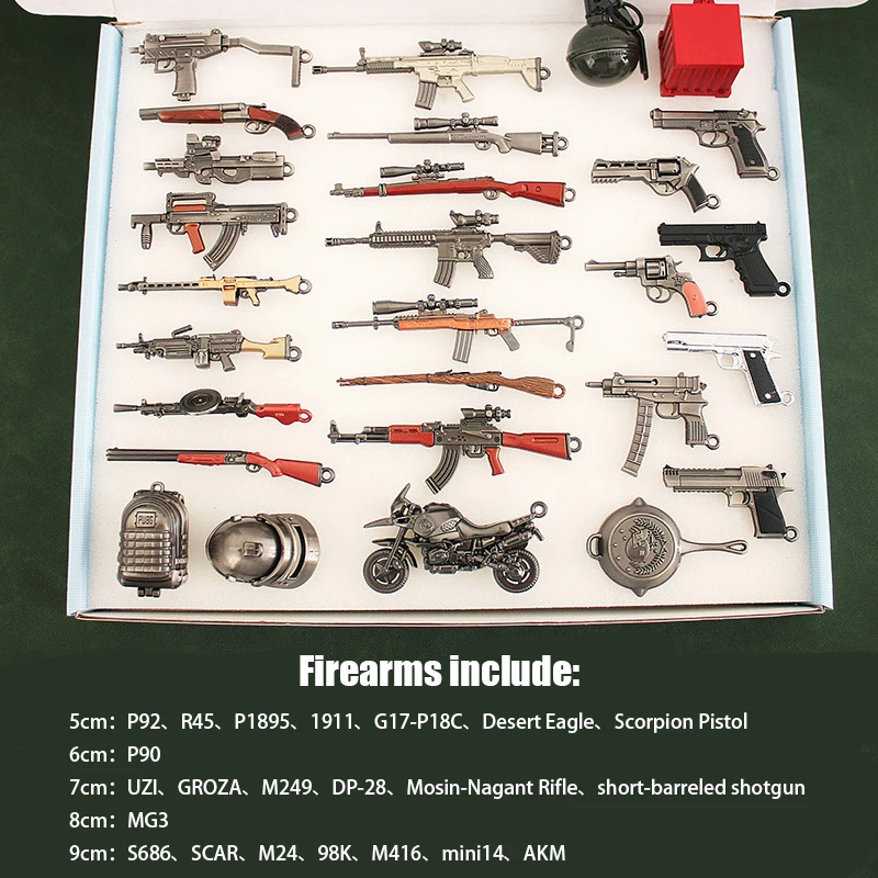 28pcs 1/12 Mini Set Metal Gun Weapons Model Gift Box Keychain Collection Doll Equipment Accessories Toys for Male Boy Kid