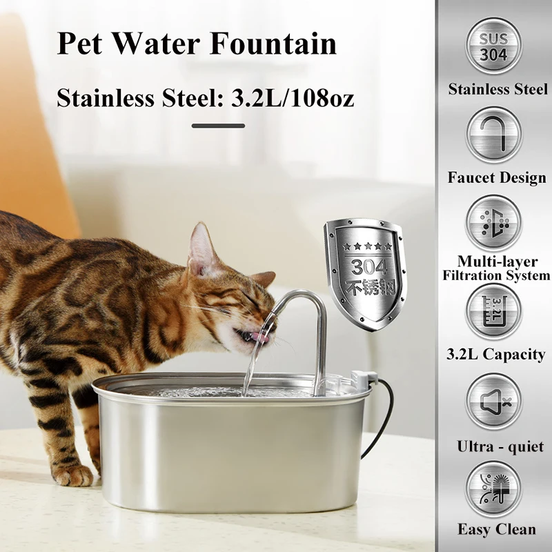 Cat Water Fountain, 3.2L/108oz Automatic Stainless Steel Pet Fountain Dog Water Dispenser, Ultra-Quiet Pump Dishwasher Safe