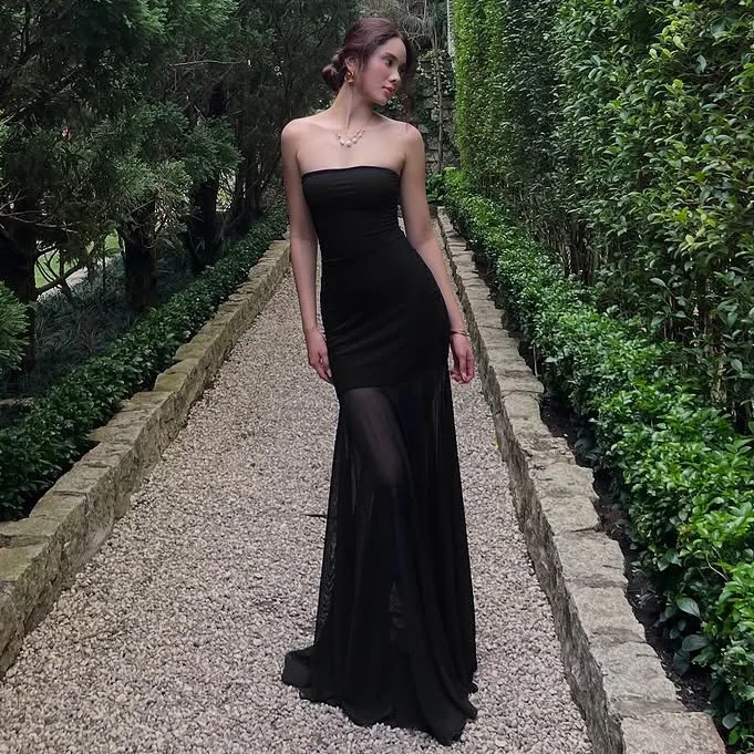 Abito lungo senza spalline in patchwork di rete elegante con spalle scoperte Abito lungo da sera per feste da donna aderente sexy estivo sottile