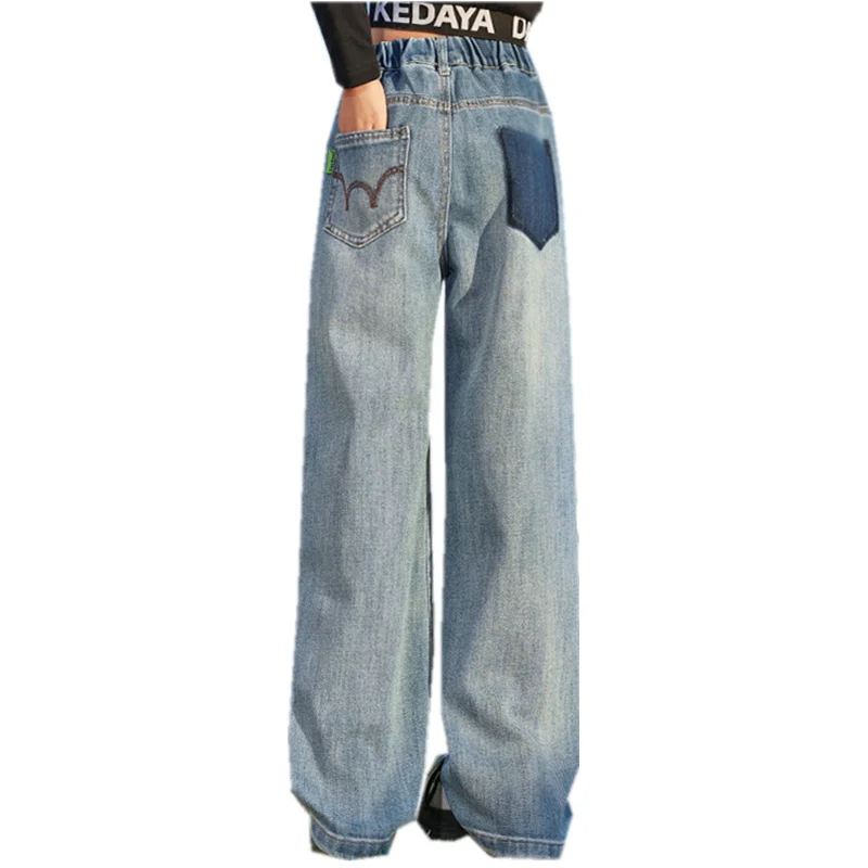 

New Spring Teenager Girl Blue Jeans Fashion Retro Wide Leg Straight Denim Pants For Children Casual Streetwear Jeans Trousers