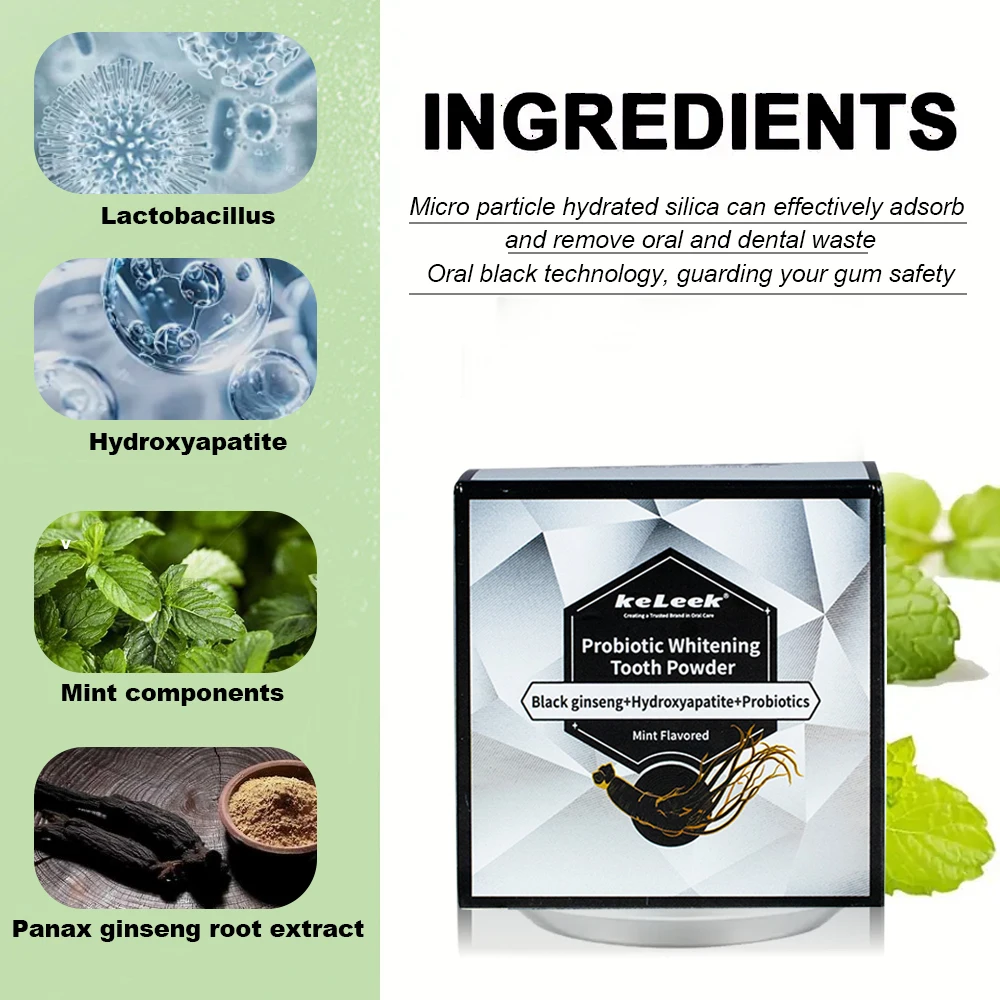 

Пробиотический отбеливающий зубной порошок 4 в 1, содержащий черный женьшень, эссенция, мята, питает рот, чистить зубы, очищает, ремонт keleek