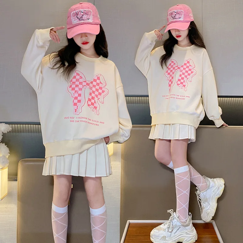 2025 girls autumn white sailor plaid bow sweatshirt hooded top t-shirt + skirt teenager children clothes set 4 8 9 10 11 12 year