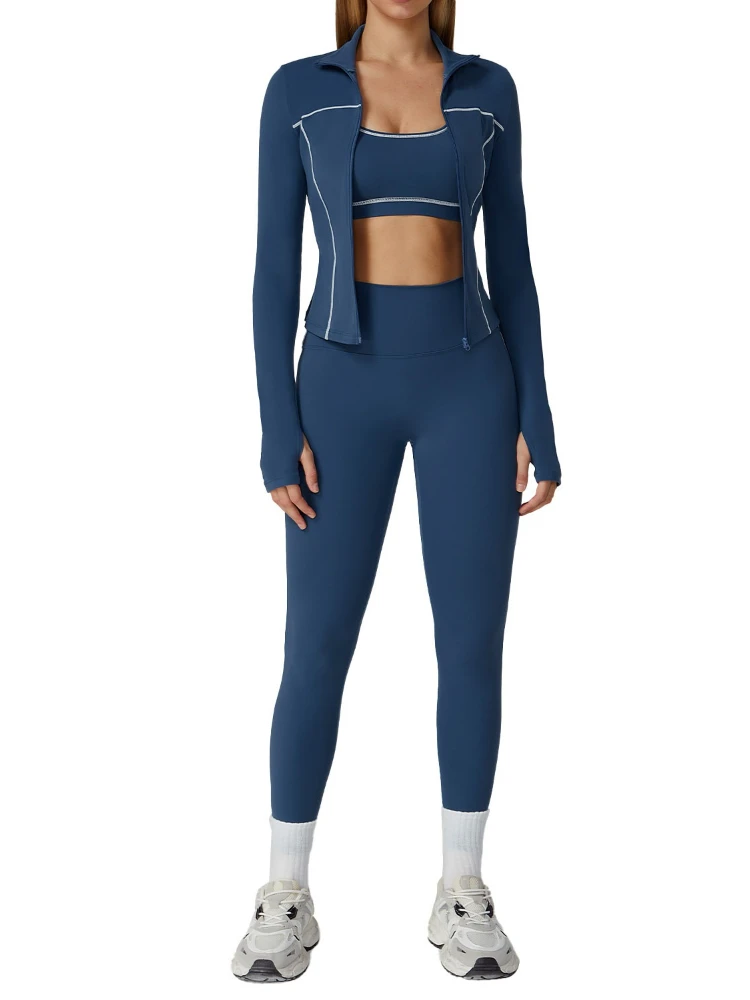 Women Yoga Set Color Block Brushed Zipper Jacket Slim Leggings Sports Bra Running Workout Outfit Three Piece Suit Active Wear