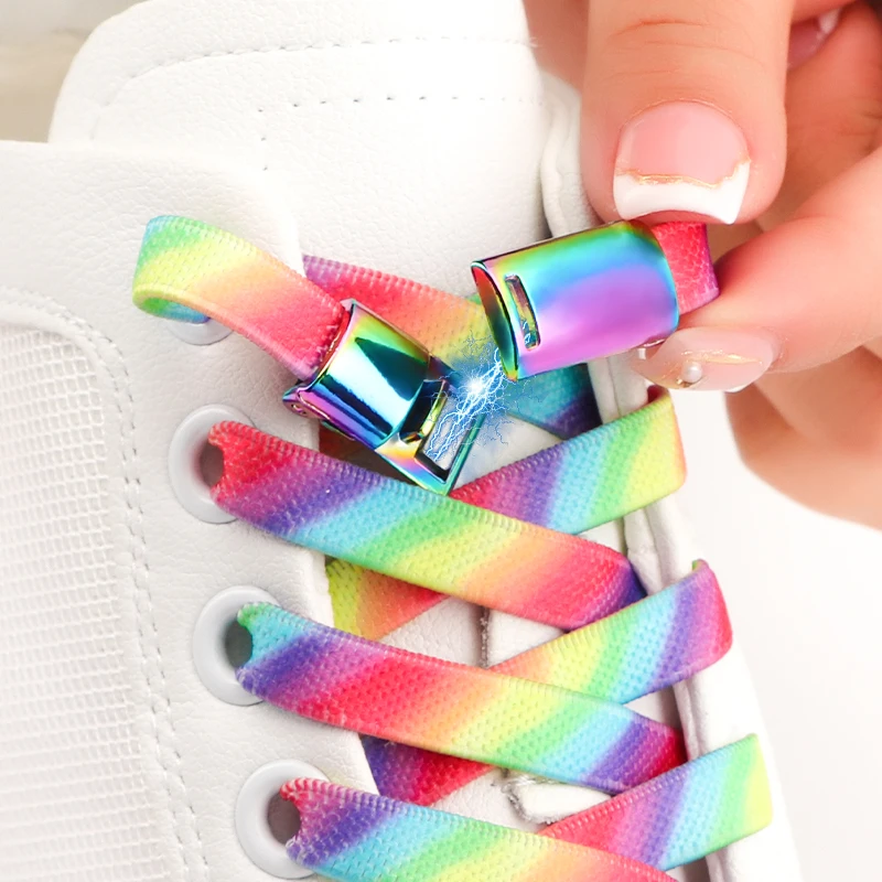 Rainbow Magnetic Lock Shoelaces Elastic Sneaker Laces Adults Kids 8MM Wide Flats Rubber No Tie Shoe laces Shoe Accessories