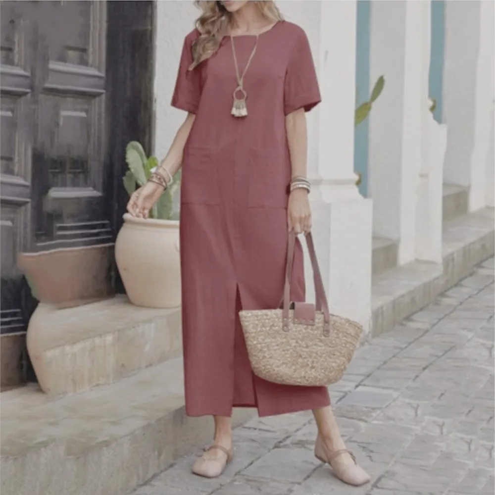 Summer Fashion Cotton Linen Solid Color O Neck Short-sleeved Dress Female Casual Loose Retro Simple Pocket Women's Long Dresses image 2