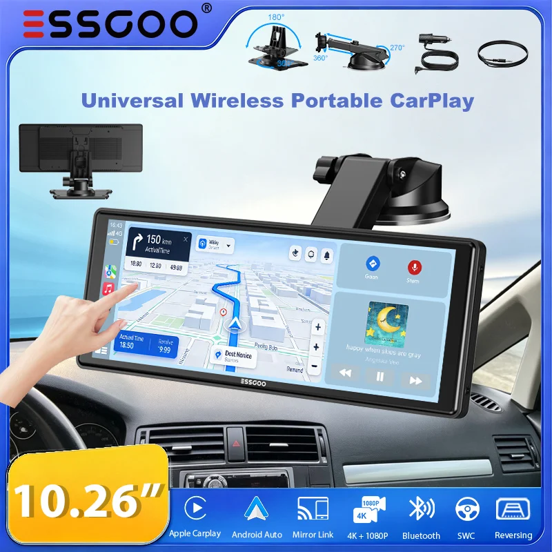 ESSGOO 10,26" Tragbare Universelle Drahtlose Carplay-Halterung für Wohnmobile, LKWs, Autoradios, Tourscreen, Android Auto, Bluetooth, FM, Lenkradsteuerung, Einfach zu installieren