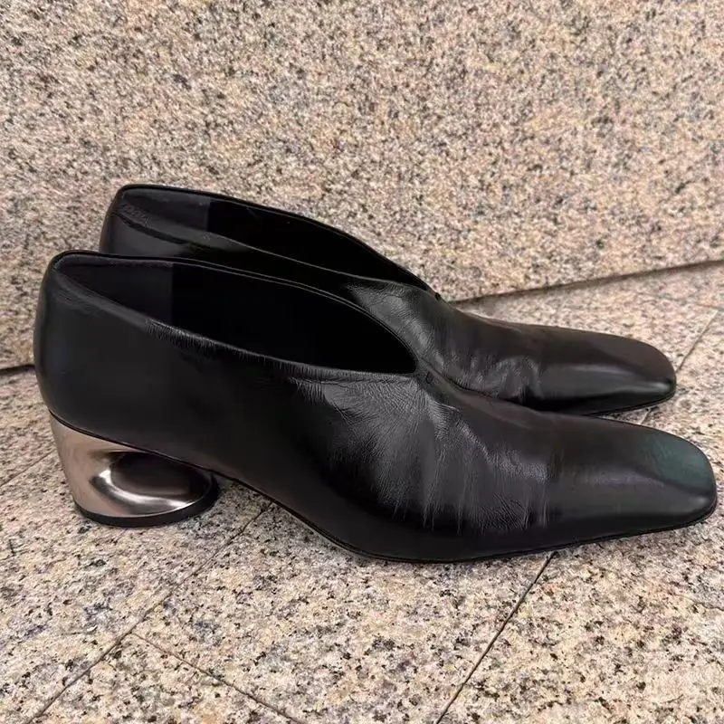 Elegant Metal Embellished Leather Pointed Toe High Heels Unique Shape Heel Fashionable Deep Mouth Single Shoes for Women