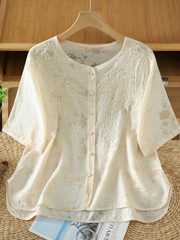 

Elegant Embroidered Cotton Linen Short Sleeve Shirt Women Summer Thin Slimming Mom Small Shirt Linen Top round Neck Shirt