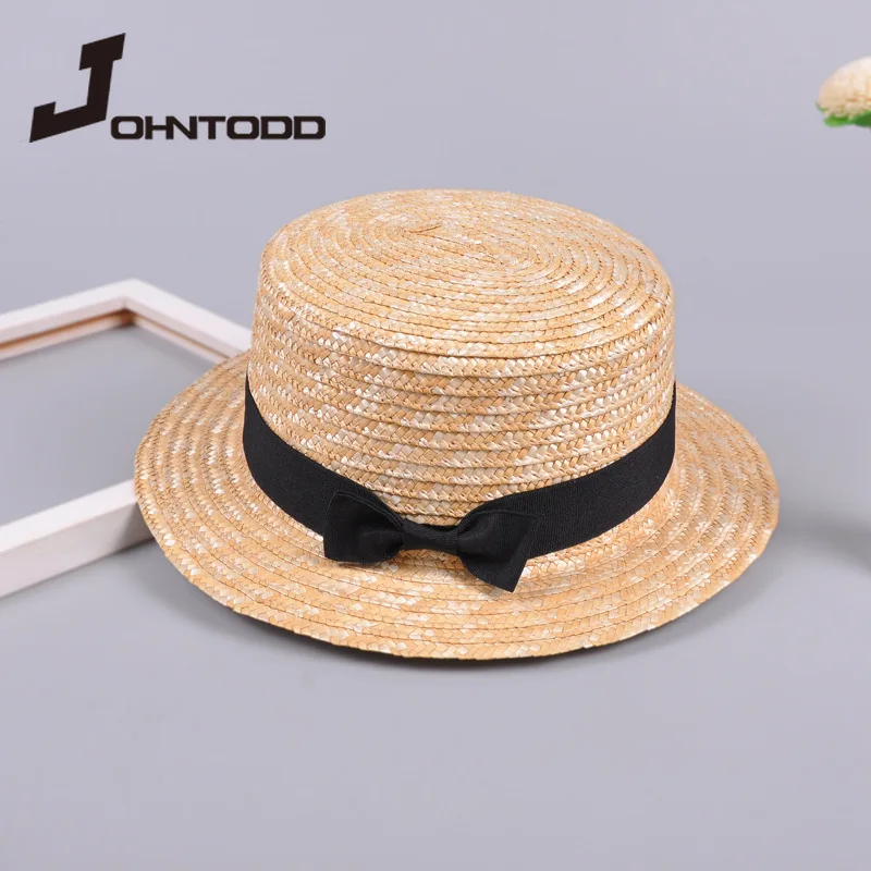 

2021 Summer Adult Children Bowknot Sun Hat Girls Straw Cap Kids Large Brim Beach Summer Ribbon Woman Round Flat Top Cute Child