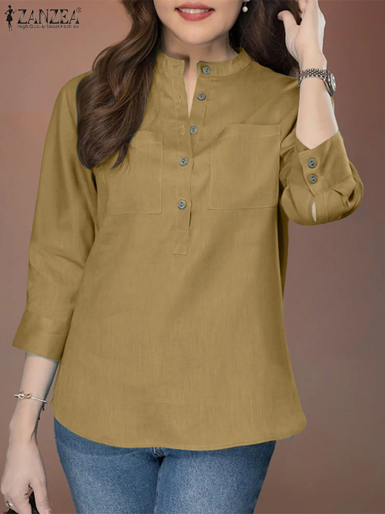 

ZANZEA Summer Vintage Cotton Shirts Women 3/4 Sleeve Solid Blouse Casual Buttons Tunic Tops Elegant Work OL Blusas Loose Chemise