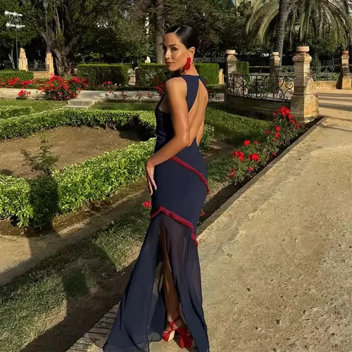 Imagen 2 del producto Tidalyf 2025 Vestido sin espalda con bloques de color para mujer, sin mangas, cuello redondo, con ribete de flecos y dobladillo de gasa transparente, traje de fiesta sexy