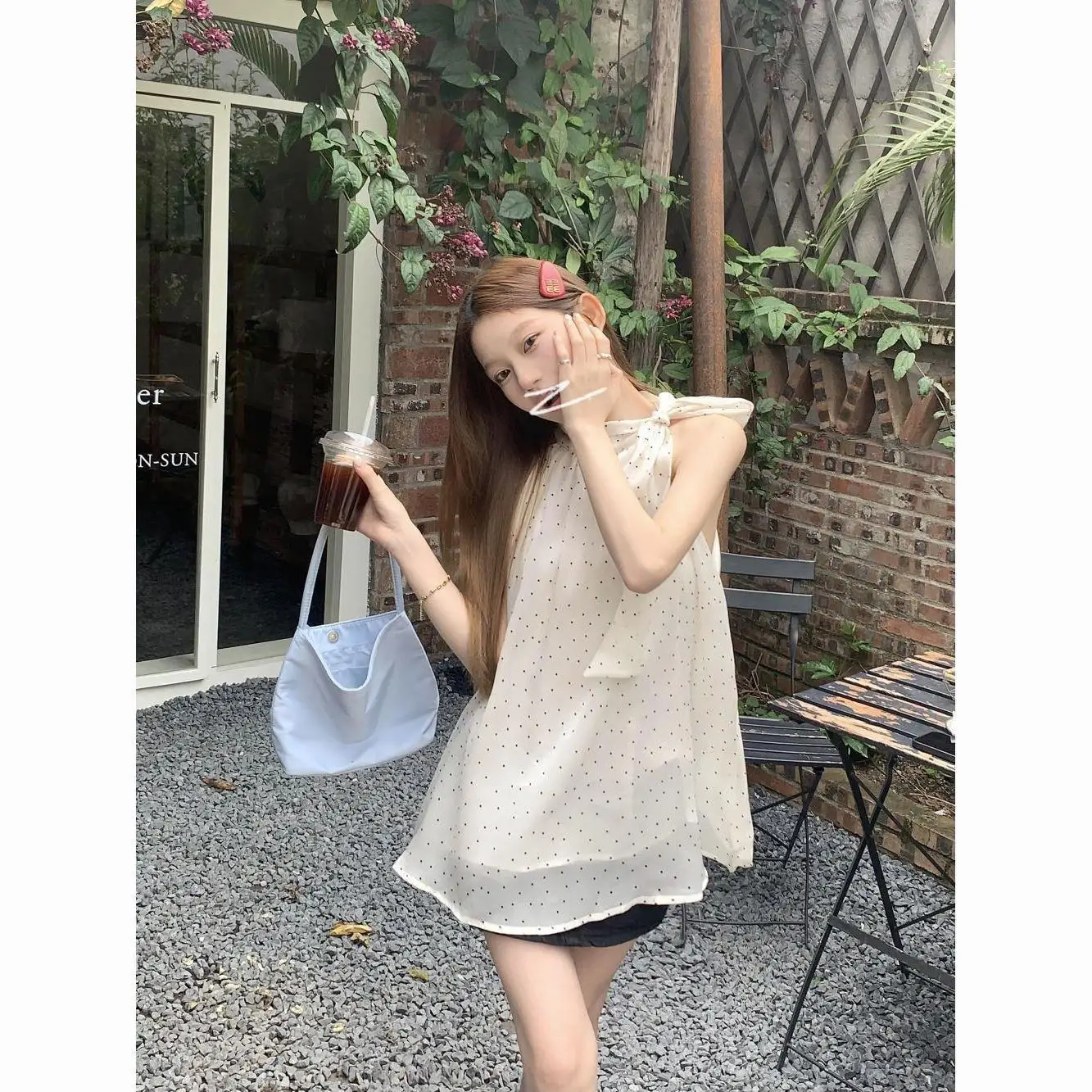 

French Elegant New Summer Women Tops Bow Tie Polka Dot Sleeveless A Line Shirt & Blouse Korean Fashion All Match Female Clothing