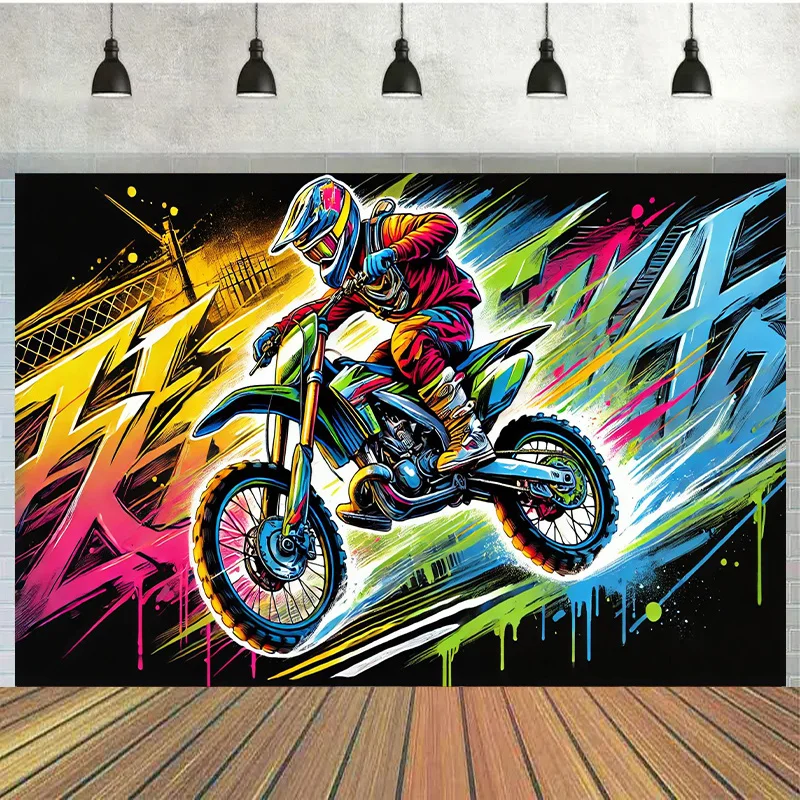 1pc Colorful Motocross Rider Graffiti Street Art 2D Flat Tapestry Backdrop For Boys Room Decor Extreme Sport Wall Hanging