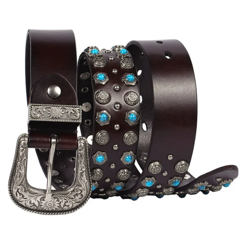 Genuine Leather Bling rivet Studded Belt For Western Women Men Fashion Girls Luxury Ceinture Rivet Cowgirl Cowboy Belts