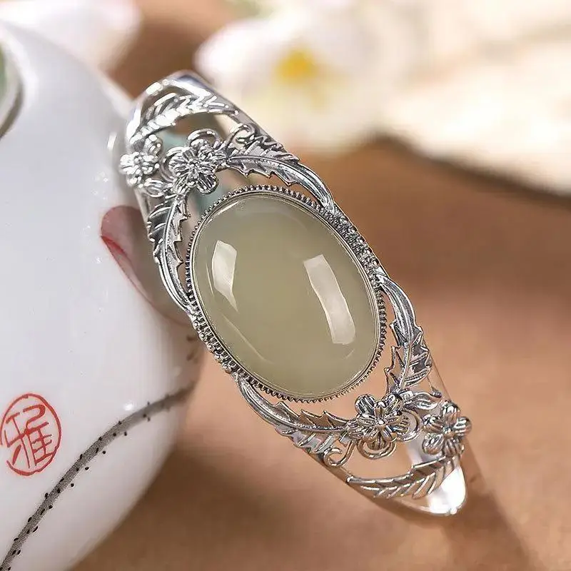 Vintage silver inlaid natural Hetian jade flower hollow bangles for women elegant ethnic style wedding engagement jewelry