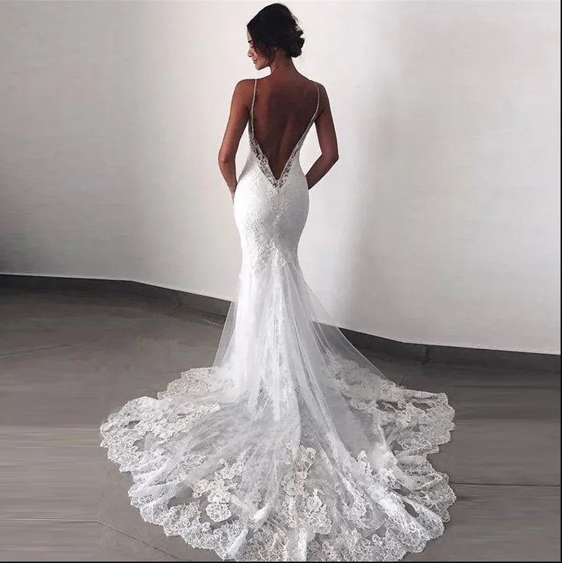 

Charming White Mermaid Lace Open Back Bridal Wedding Gowns Spaghetti Straps Appliqued Wedding Dresses for Bride 2025