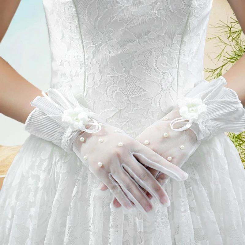 

Wedding Bridal Short Gloves Elegant White Pearls Lace Ruffle Transparent Full Finger Gloves Proms Festival Party Mittens