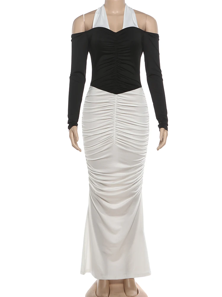 Kliou contraste de Color Patchwork vestido mujer vendaje Halter fuera del hombro espalda descubierta dobladillo fruncido medianoche fiesta de graduación Vestidos elegantes