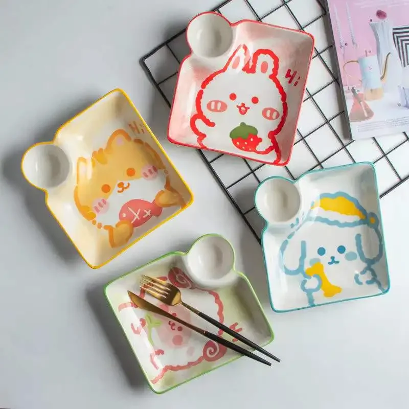 

Cute cartoon dumpling plate with vinegar bowl bunny ceramic underglaze color single person meal children's plate