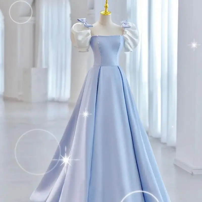 Vestidos De Quinceañera De satén con cuello cuadrado para mujer, elegante Vestido De noche De graduación con lazo y perlas, manga De linterna, nuevo