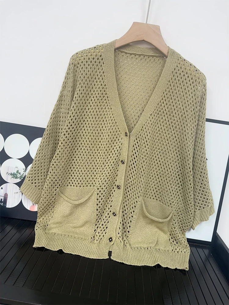 

High Quality Summer Breathable Quarter Sleeved Ice Silk Knitted Cardigan Top for Women's Shawl Sun Protection Shirt