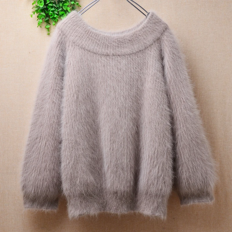 

Ladies Women Fall Winter Thick Warm Hairy Mink Cashmere Knitted Slash Neck Loose Pullover Angora Fur Jumper Sweater Pull Tops