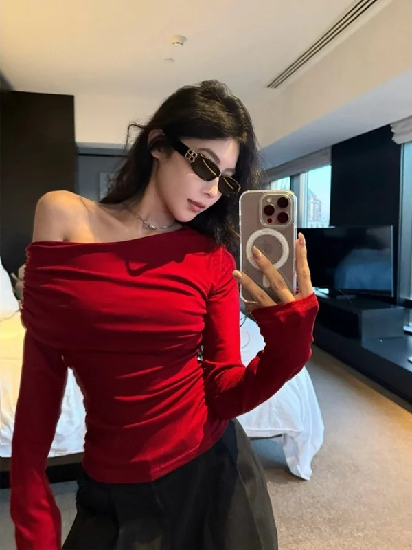 

Женский облегающий вязаный топ Ankela с открытыми плечами и длинными рукавами, весенний, новогодний, повседневный, вязаный, облегающий крой.