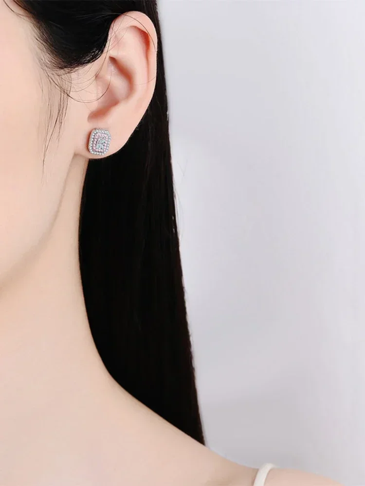 

Hot sales 925 silver earrings GRA Certified Moissanite Emerald cut Inlaid Light luxury Earrings is suitable for daily wear
