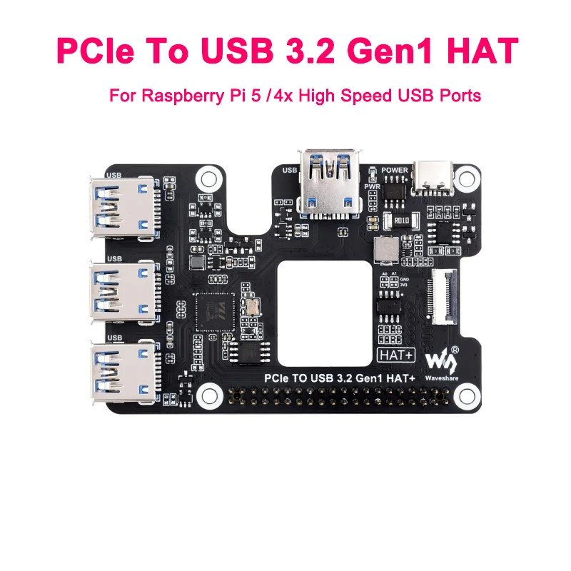 PCIe To USB 3.2 Gen1 HAT for Raspberry Pi 5 PCIe to USB HUB 4x High Speed USB Ports Plug and Play HAT+ for RPI 5