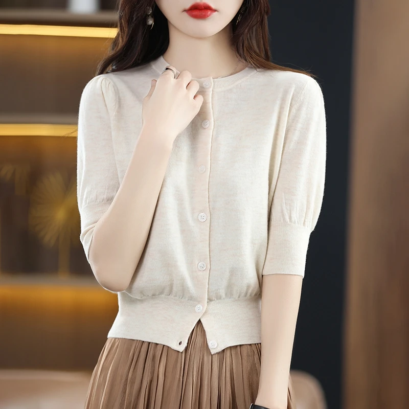 Women's Cardigan Spring/Summer New Fine Lmitation Wool Half Sleeve Round Neck Top Thin Knit Sweater Short Loose T-shirt Slim Fit