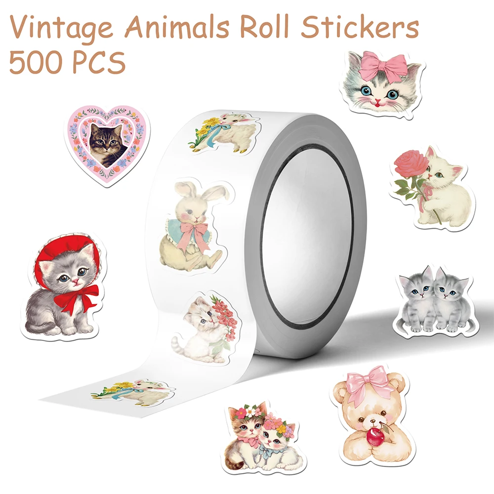500 Stück Vintage Tiere Clipart Roll Aufkleber Aufkleber für Laptop Scrapbook Skateboard Koffer DIY Graffiti ästhetische Aufkleber