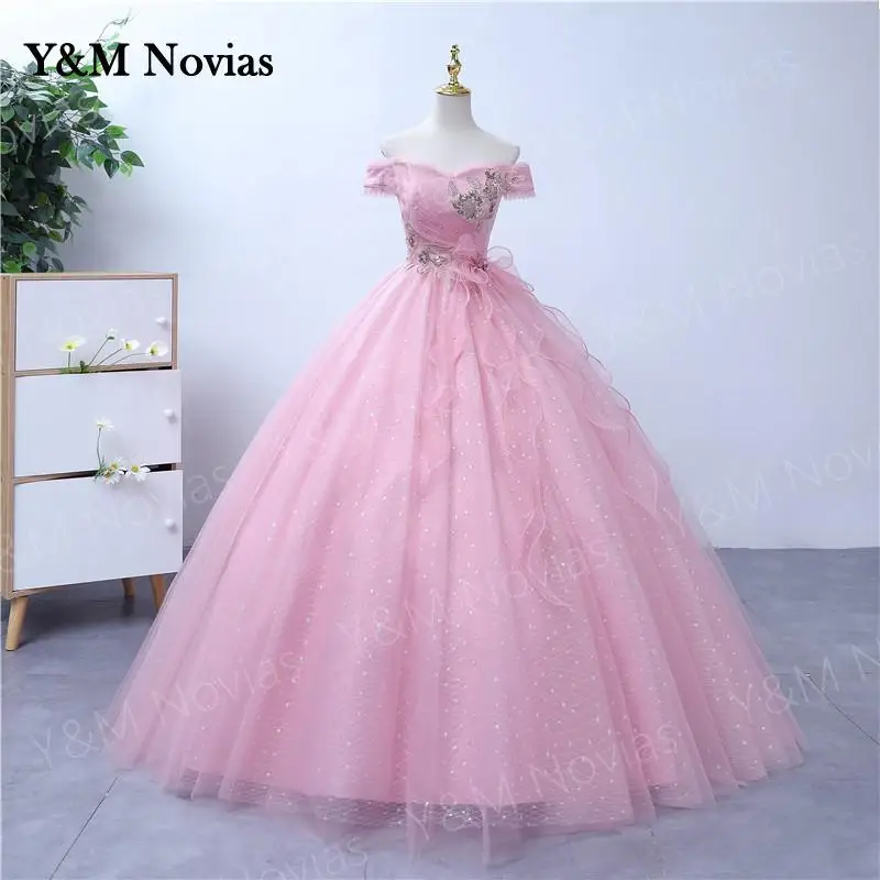 Y & M Nieuwe Elegante Boothals Vestidos Roze Quinceanera Jurk Real Photo Party Prom Dress Classic Baljurk Robe de Luxe Plus Size