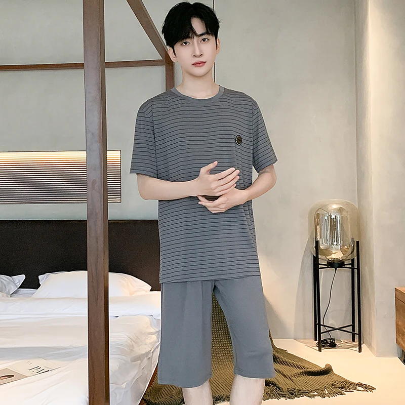 Summer Men's Sleep Lounge Wear Pajama Short Sleeved Shorts Modal Pajama Set Geometric Pattern Pyjamas Male Sleepwear L-4XL