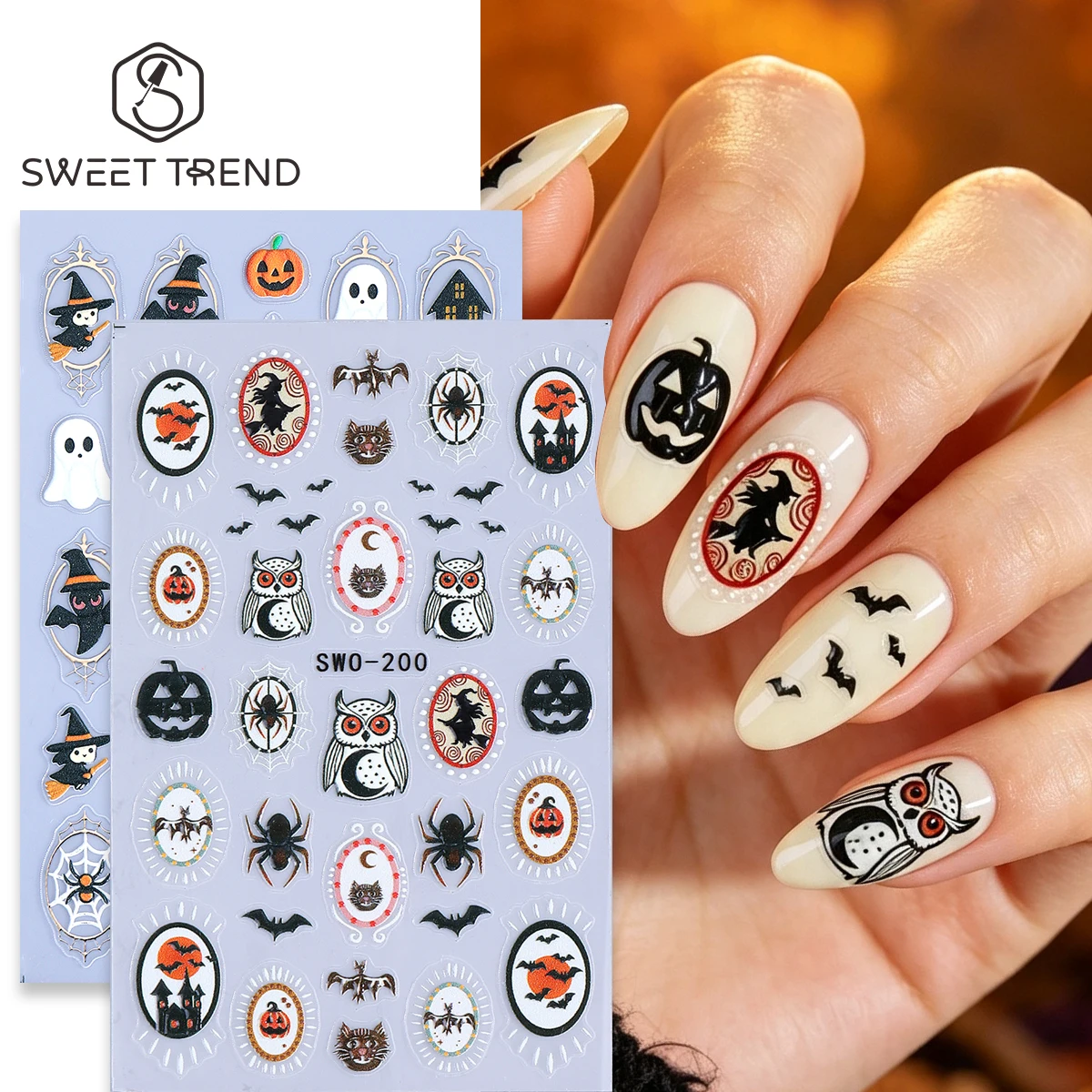 2pcs Adorable Halloween Series Matte Nail Stickers Ghost Pumpkin Witch Bat Owl Textured Decal Gothic Winter Party Manicure Decor