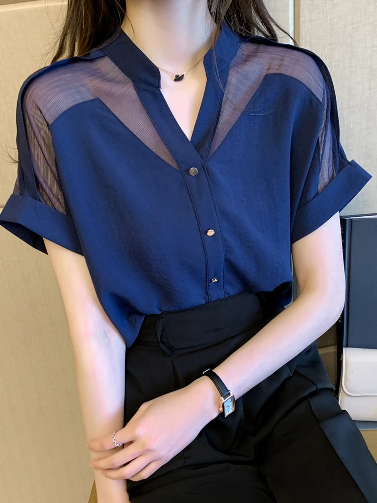 

Fashionable V-Neck Short Sleeve Women's Chiffon Shirt Korean Style Slim Fit Design Sensation Summer Top Elegant Classy