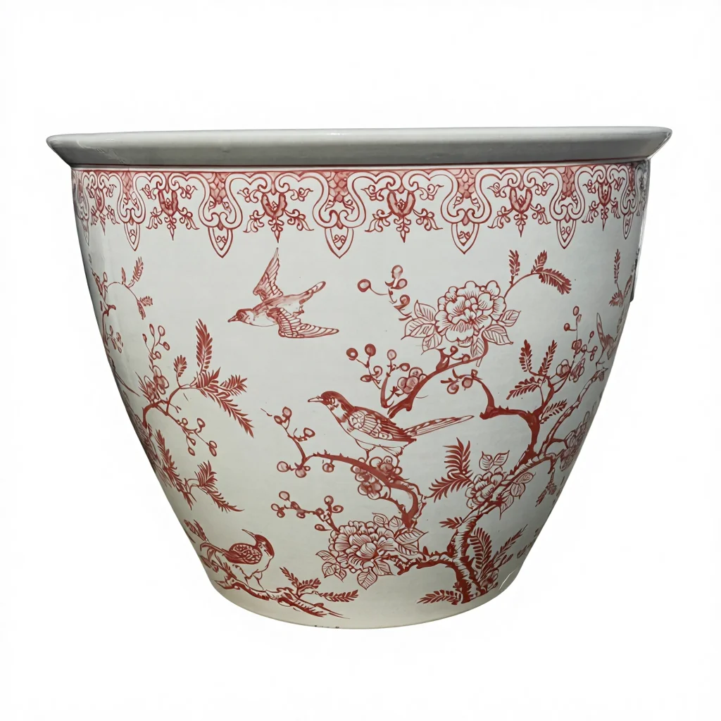 white flower and bird pattern farmhouse glazed porcelain large outdoor garden floor-to-ceiling flower pot