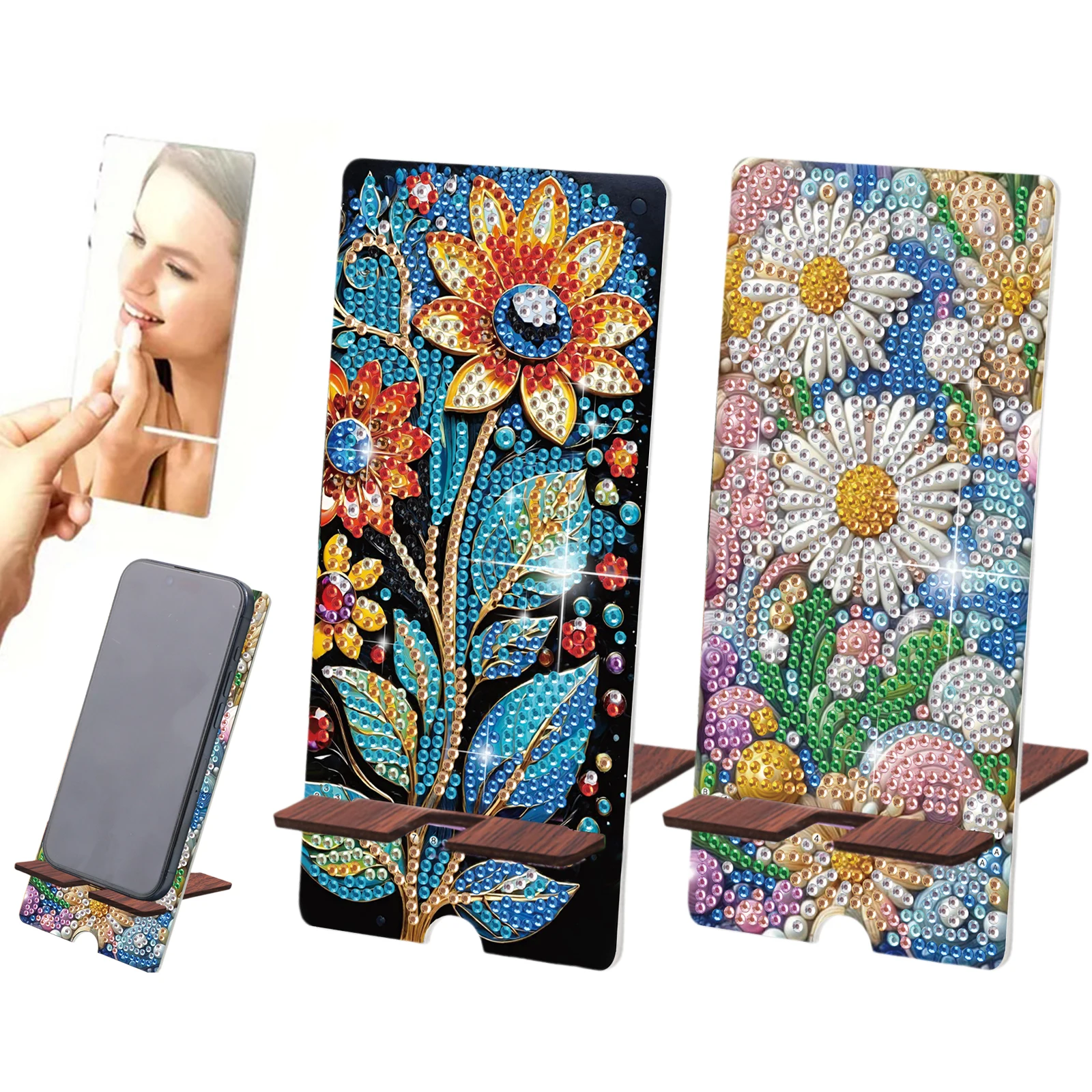 

2-Pack Acrylic Flower Diamond Art Phone Stand & Mirror Kit for Beginner Adult (B)