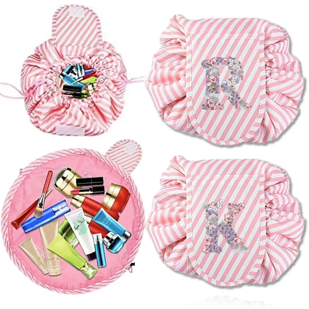 

Women Drawstring Cosmetic Bag Makeup Bag Red Stripe Cosmetic Organizer Rose Flower Series Portable Waterproof Toiletry Case