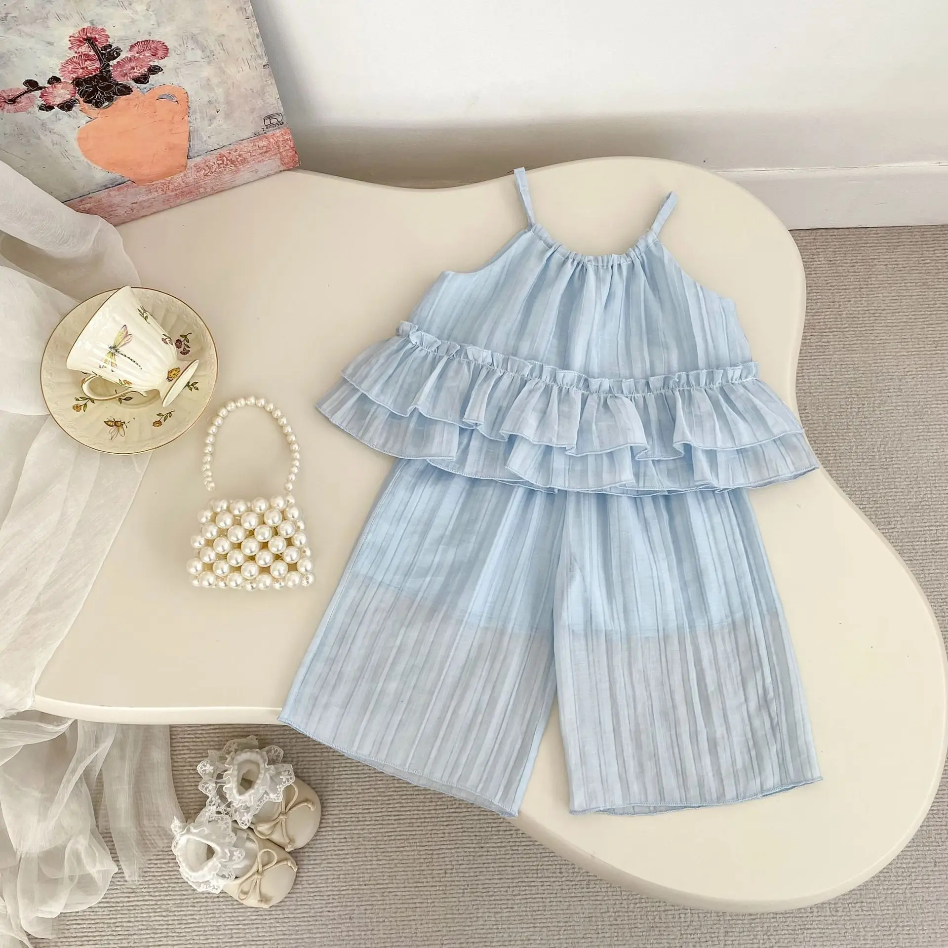 Summer Baby Girl Outfit Simple and Stylish Ruffle Strap Top and Wide-Leg Pants Two-Piece Set Korean Style Clothing for Girls