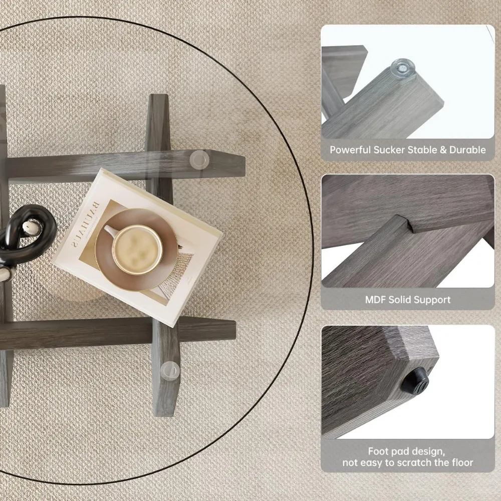 Modern Clear Glass Coffee Table 33-Inch Round Small Living Room Accent Table Suitable for Farmhouse and Contemporary Styles