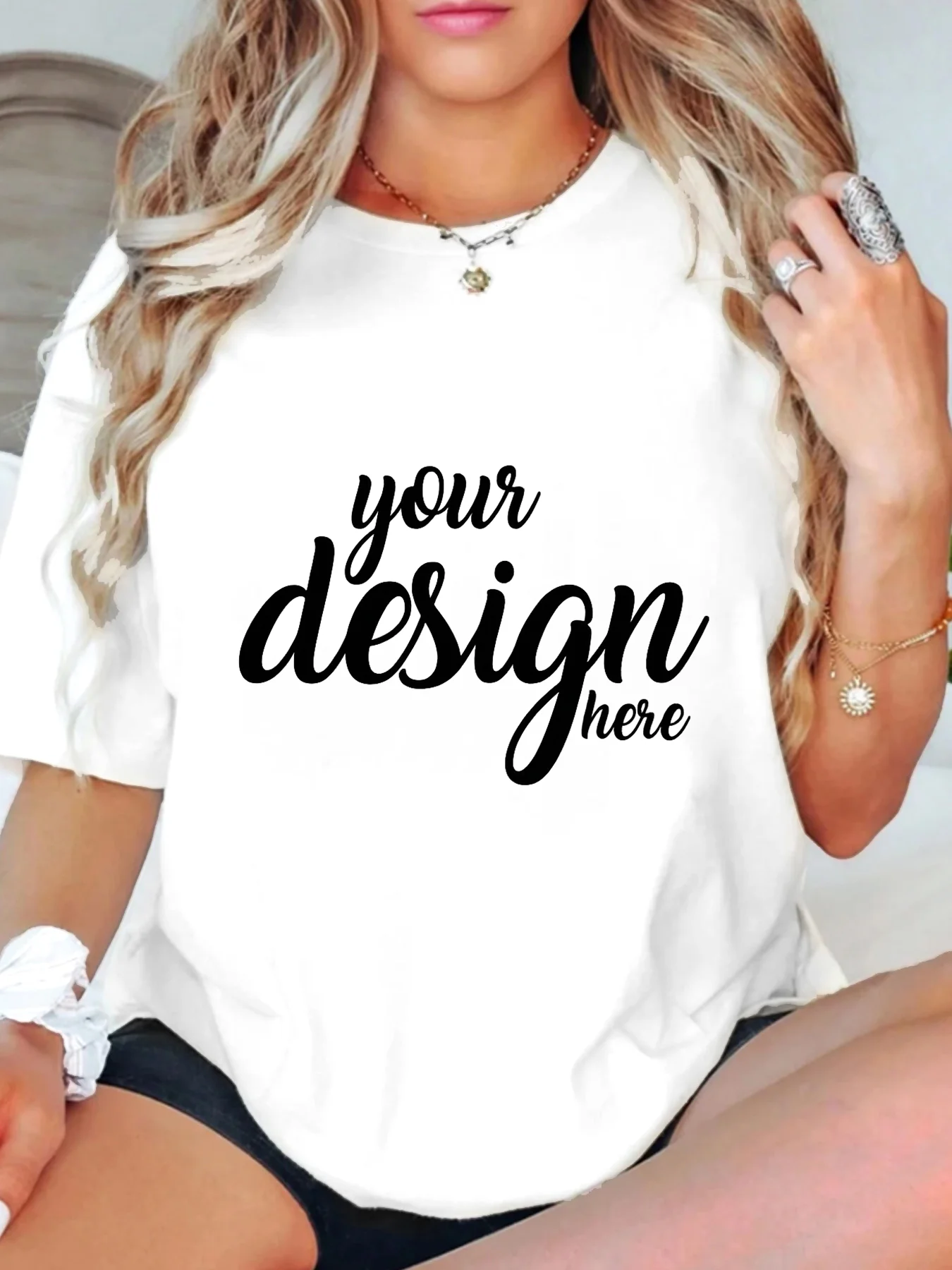 

【WDS007】Plus size women's round neck short sleeve T-shirt with elastic half sleeves and trendy prints