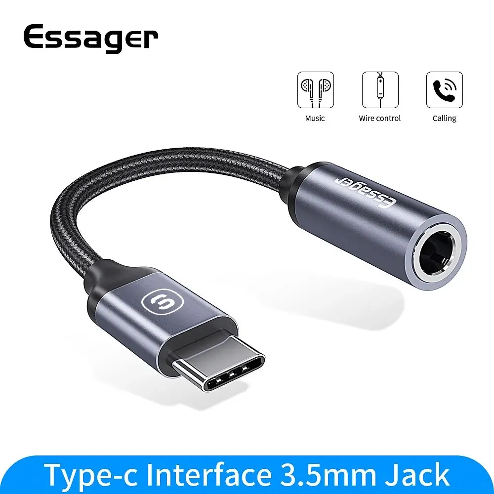 Essager USB C타입 3.5 잭 이어폰 어댑터, USB C-3.5mm 헤드폰 AUX 오디오 어댑터 케이블, 화웨이 P30 샤오미 미 10 9 Es