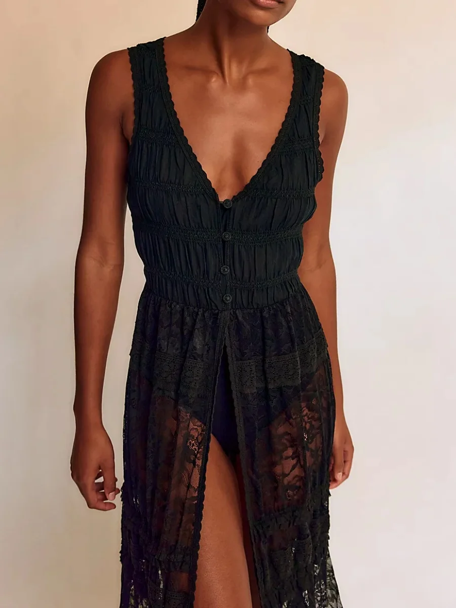 Womens French Style Lace Patchwork Bodysuit Dress Ruched Sleeveless V Nech Split Hem Sheer Mesh Long Dresses  Summer