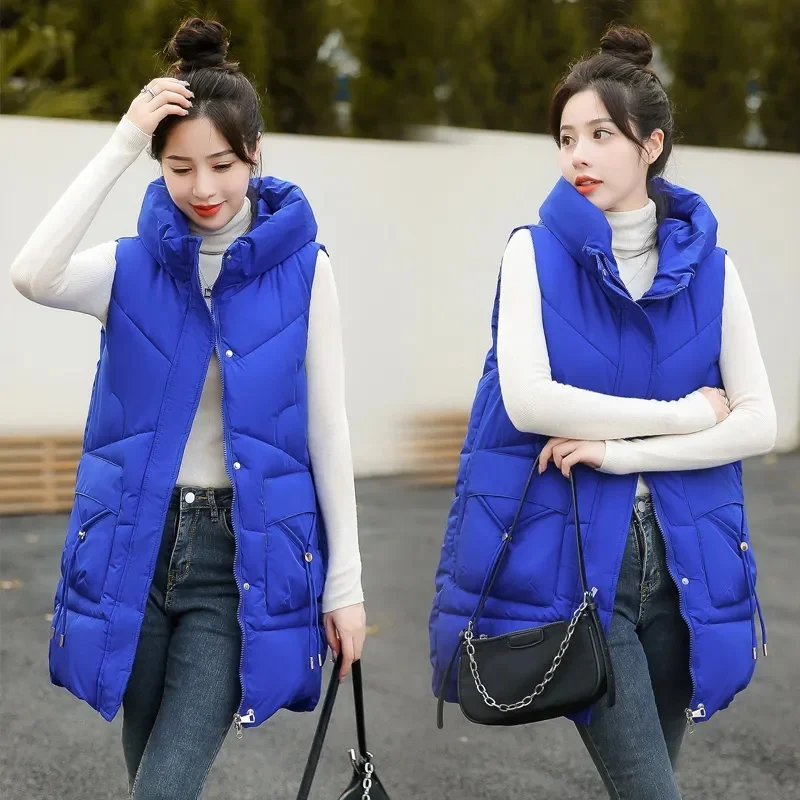 

2023 New Vests Womens Sleeveless Coat Autumn Winter Hooded Waistcoat Cotton Puffer Parkas Long Warm Down Cotton Outwear