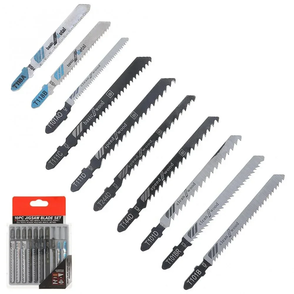 STONEGO 10Pcs T-Shank Jigsaw Blades Set HCS HSS Bi-Metal Wood Metal Plastic Cutting Multi Purpose Precision Engineered Saw Kit