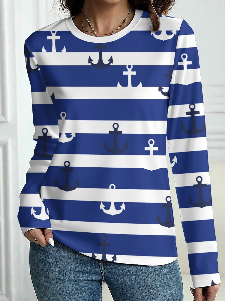 Women's T-Shirt Outdoor Casual Long Sleeve Striped anchor pattern 3D Print Tops Street Crew Neck Fall Oversized Clothing