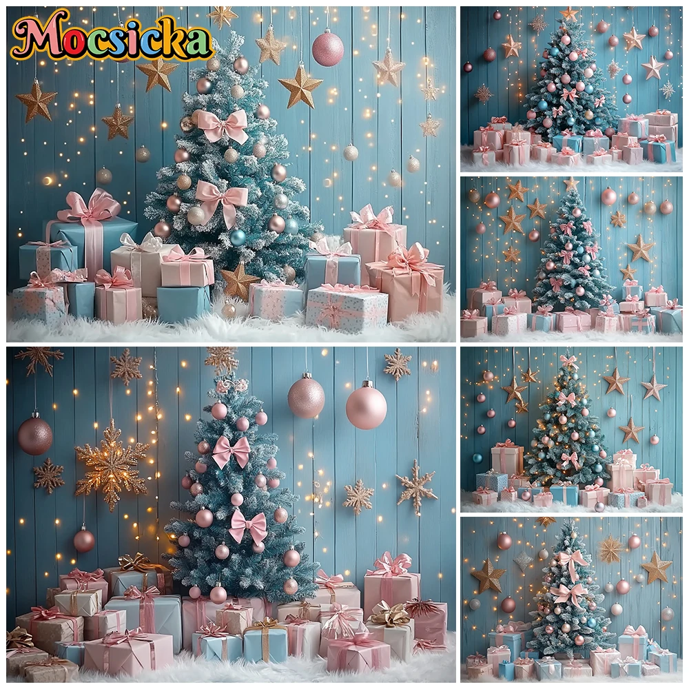 Mocsicka Blue Wooden Wall Christmas Tree Photography Backdrop Fairy Light Pink Gift Box Winter Baby Newborn Kid Party Background