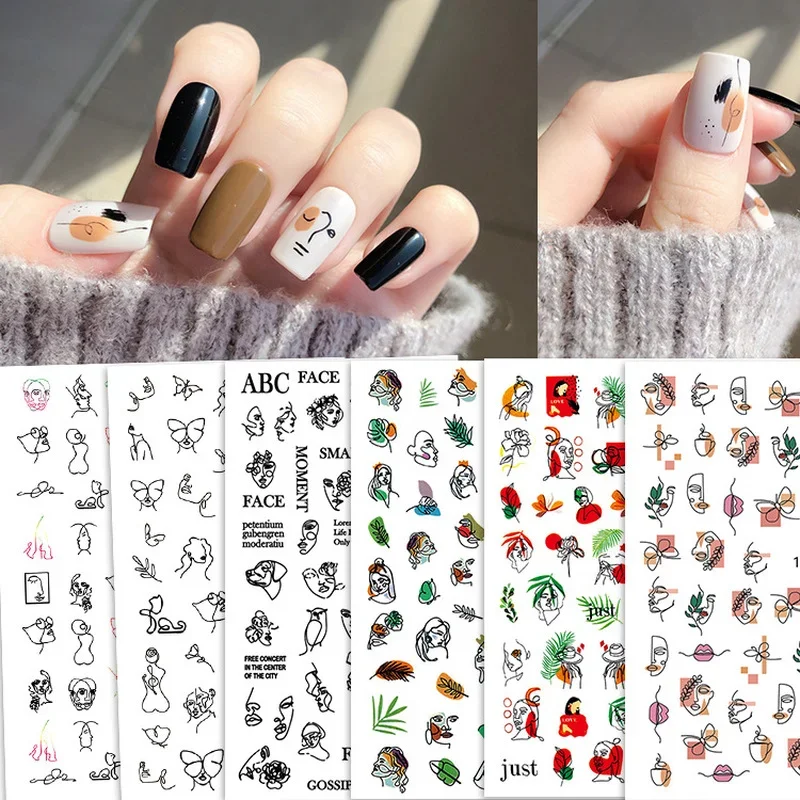 1PC Autumn Winter Flowers 3D Nail Stickers Character Face Leaves Flower Decals Slide Black White DIY Nail Art Decoration 2023