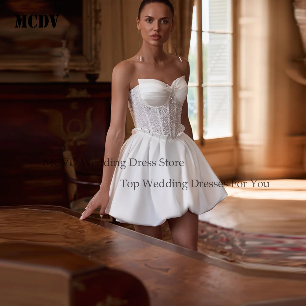 

MCDV Mini Satin Beaded Wedding Dresses For Women Above Knee A-Line Strapless Short Bride Gowns Customized vestidos de novia 2026