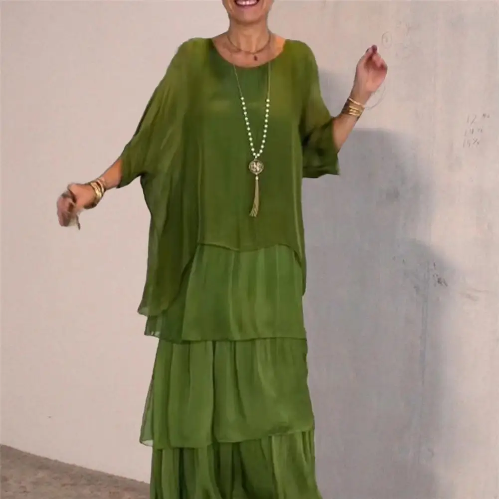 Vestido de chiffon de cor sólida vestido feminino de chiffon elegante em camadas vestido maxi de chiffon com mangas morcego para festa de formatura noite feminina